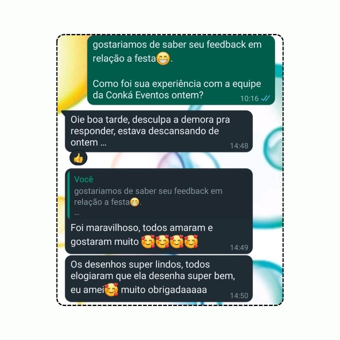 feedback positivo de uma cliente satisfeita com a recreação infantil do aniversário da filha dela