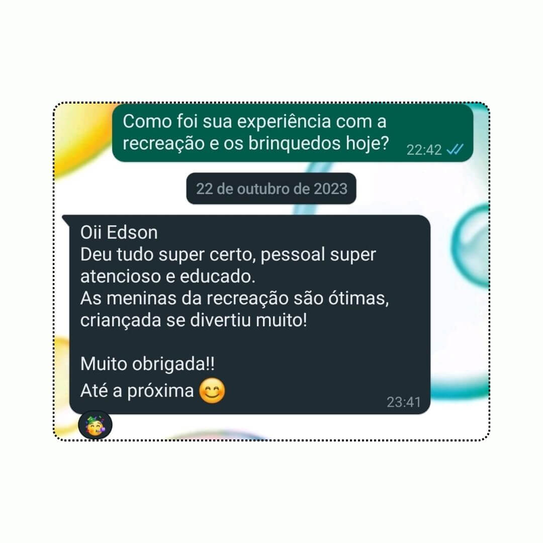 feedback positivo de uma cliente satisfeita com a monitoria que contratou para a festa infantil de suas crianças