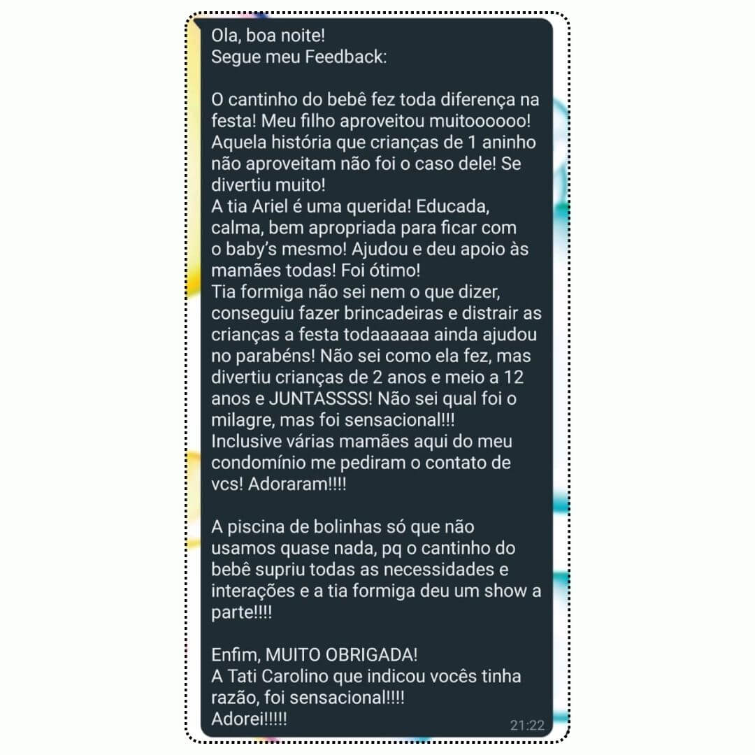 feedback positivo de uma cliente satisfeita com a monitoria que contratou para a festa infantil de suas crianças